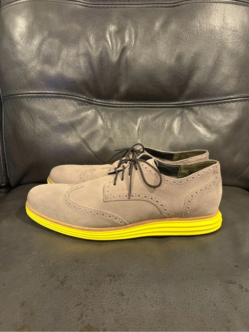Cole Haan Grey Suede Wingtip Oxford with Yellow Sole